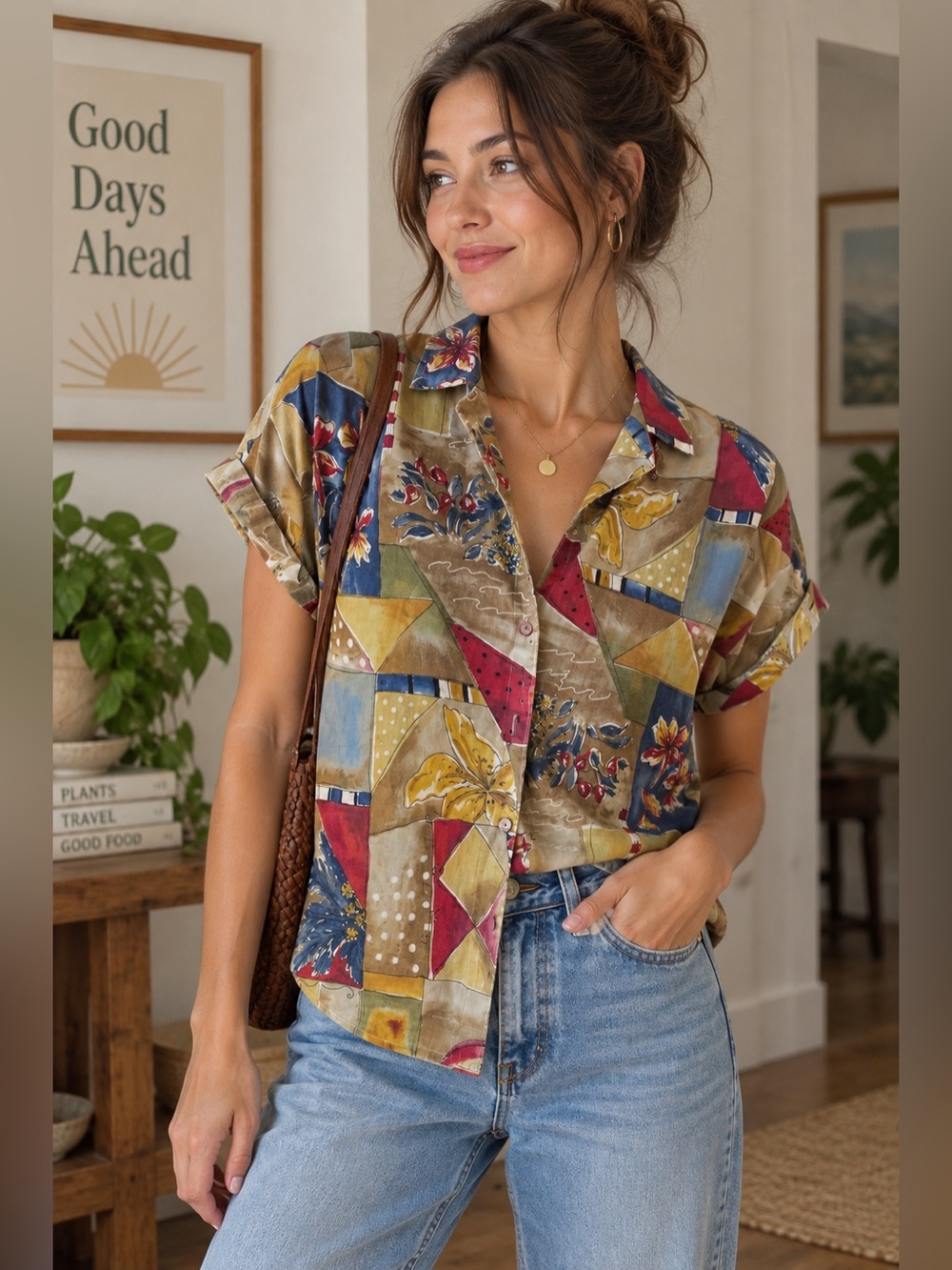 Cabin Creek Women’s Medium Abstract Floral Button Up Shirt Vintage 90s Art Print